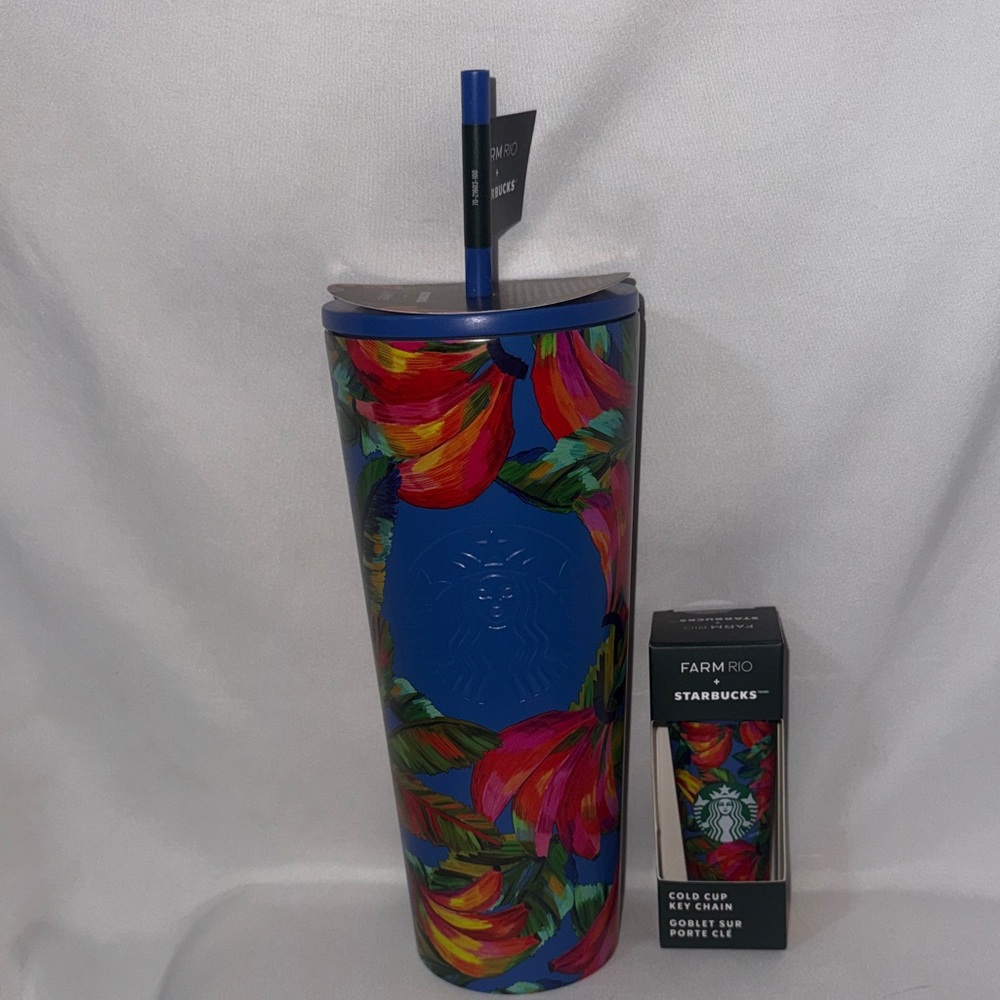 Starbucks Farm Rio 24oz Tumbler Radiant Blue Floral Banana 2025 NWT & Keychain